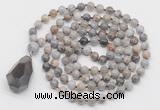 GMN4835 Hand-knotted 8mm, 10mm silver needle agate 108 beads mala necklace with pendant