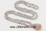 GMN4838 Hand-knotted 8mm, 10mm grey banded agate 108 beads mala necklace with pendant