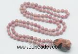 GMN4852 Hand-knotted 8mm, 10mm pink wooden jasper 108 beads mala necklace with pendant