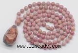 GMN4853 Hand-knotted 8mm, 10mm pink wooden jasper 108 beads mala necklace with pendant