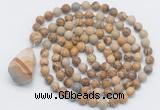 GMN4861 Hand-knotted 8mm, 10mm picture jasper 108 beads mala necklace with pendant