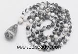 GMN4865 Hand-knotted 8mm, 10mm black & white jasper 108 beads mala necklace with pendant