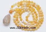 GMN4905 Hand-knotted 8mm, 10mm yellow banded agate 108 beads mala necklace with pendant