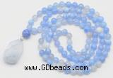 GMN4908 Hand-knotted 8mm, 10mm blue banded agate 108 beads mala necklace with pendant