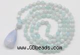 GMN4909 Hand-knotted 8mm, 10mm sea blue banded agate 108 beads mala necklace with pendant