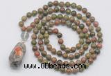 GMN4926 Hand-knotted 8mm, 10mm unakite 108 beads mala necklace with pendant