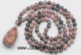 GMN4936 Hand-knotted 8mm, 10mm rhodonite 108 beads mala necklace with pendant