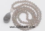 GMN5007 Hand-knotted 8mm, 10mm matte grey agate 108 beads mala necklace with pendant