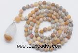 GMN5011 Hand-knotted 8mm, 10mm matte yellow crazy agate 108 beads mala necklace with pendant