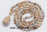 GMN5012 Hand-knotted 8mm, 10mm matte fossil coral 108 beads mala necklace with pendant