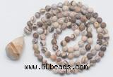 GMN5018 Hand-knotted 8mm, 10mm matte zebra jasper 108 beads mala necklace with pendant