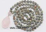 GMN5026 Hand-knotted 8mm, 10mm matte rhyolite 108 beads mala necklace with pendant