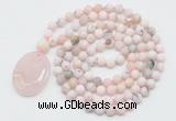 GMN5057 Hand-knotted 8mm, 10mm matte natural pink opal 108 beads mala necklace with pendant