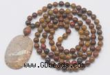 GMN5062 Hand-knotted 8mm, 10mm red moss agate 108 beads mala necklace with pendant