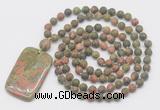 GMN5140 Hand-knotted 8mm, 10mm matte unakite 108 beads mala necklace with pendant