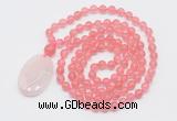 GMN5145 Hand-knotted 8mm, 10mm cherry quartz 108 beads mala necklace with pendant