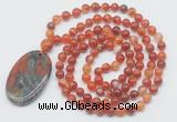 GMN5152 Hand-knotted 8mm, 10mm red banded agate 108 beads mala necklace with pendant