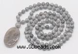 GMN5166 Hand-knotted 8mm, 10mm grey picture jasper 108 beads mala necklace with pendant