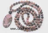 GMN5180 Hand-knotted 8mm, 10mm rhodonite 108 beads mala necklace with pendant