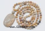 GMN5181 Hand-knotted 8mm, 10mm fossil coral 108 beads mala necklace with pendant