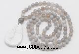 GMN5212 Hand-knotted 8mm, 10mm grey banded agate 108 beads mala necklace with pendant