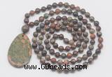 GMN5215 Hand-knotted 8mm, 10mm ocean agate 108 beads mala necklace with pendant