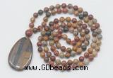 GMN5222 Hand-knotted 8mm, 10mm picasso jasper 108 beads mala necklace with pendant