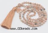 GMN5701 Hand-knotted 6mm matte sunstone 108 beads mala necklaces with tassel & charm