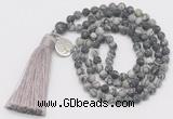 GMN5703 Hand-knotted 6mm matte black water jasper 108 beads mala necklaces with tassel & charm