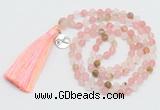 GMN5707 Hand-knotted 6mm matte volcano cherry quartz 108 beads mala necklaces with tassel & charm