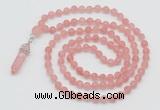 GMN5901 Hand-knotted 6mm matte cherry quartz 108 beads mala necklaces with pendant