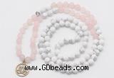 GMN6003 Knotted 8mm, 10mm rose quartz & white howlite 108 beads mala necklace with charm