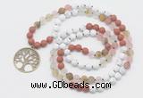 GMN6005 Knotted 8mm, 10mm white howlite, cherry quartz & red jasper 108 beads mala necklace with charm