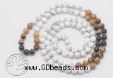 GMN6008 Knotted 8mm, 10mm matte white howlite & mixed gemstone 108 beads mala necklace with charm