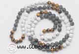 GMN6009 Knotted 8mm, 10mm matte white howlite & black labradorite 108 beads mala necklace with charm