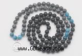 GMN6018 Knotted 8mm, 10mm matte black agate, black labradorite & apatite 108 beads mala necklace with charm