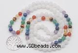 GMN6019 Knotted 7 Chakra 8mm, 10mm white jade 108 beads mala necklace with charm