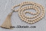 GMN604 Hand-knotted 8mm, 10mm white fossil jasper 108 beads mala necklaces with tassel