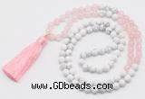 GMN6102 Knotted 8mm, 10mm rose quartz & white howlite 108 beads mala necklace with tassel