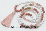 GMN6105 Knotted 8mm, 10mm white howlite, cherry quartz & red jasper 108 beads mala necklace with tassel