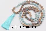 GMN6107 Knotted 8mm, 10mm matte amazonite & jasper 108 beads mala necklace with tassel