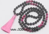 GMN6116 Knotted 8mm, 10mm black lava & red tiger eye 108 beads mala necklace with tassel