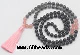 GMN6117 Knotted 8mm, 10mm matte black agate, black labradorite & rose quartz 108 beads mala necklace with tassel