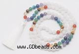 GMN6119 Knotted 7 Chakra 8mm, 10mm white jade 108 beads mala necklace with tassel