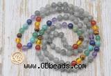 GMN6137 Knotted 7 Chakra 8mm, 10mm labradorite 108 beads mala necklace with charm