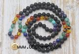 GMN6143 Knotted 7 Chakra 8mm, 10mm black lava 108 beads mala necklace with charm