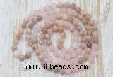 GMN6155 Knotted 8mm, 10mm sunstone, rose quartz & white jade 108 beads mala necklace with charm