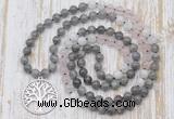 GMN6156 Knotted 8mm, 10mm labradorite, rose quartz & white moonstone 108 beads mala necklace with charm