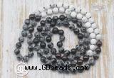 GMN6159 Knotted 8mm, 10mm snowflake obsidian, garnet & matte white howlite 108 beads mala necklace with charm