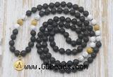 GMN6168 Knotted 8mm, 10mm black lava, matte white howlite & golden tiger eye 108 beads mala necklace with charm